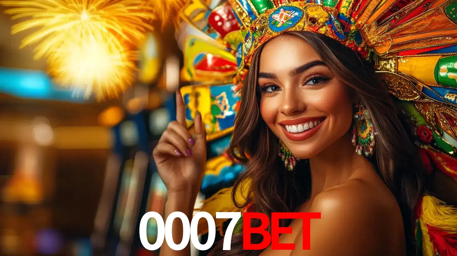 Mulher sorridente com um cocar de carnaval vibrante e colorido, celebrando uma grande vitória nos jogos do cassino 0007BET com fogos de artifício ao fundo.