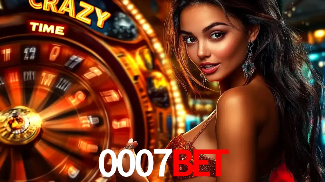 Mulher ao lado da roda de prêmios do jogo de cassino ao vivo Crazy Time, um dos shows de jogos mais emocionantes oferecidos pela plataforma de apostas 0007BET.