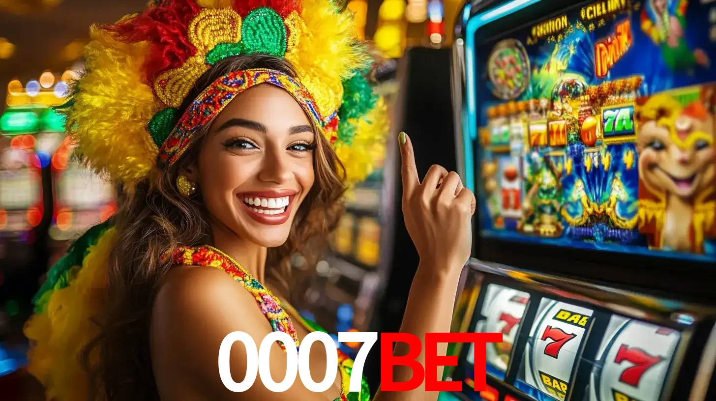 Mulher animada com um cocar de carnaval apontando para uma máquina de caça-níqueis, mostrando a emoção de ganhar um grande prêmio nos jogos do 0007BET.