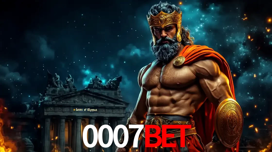 O poderoso Zeus do jogo de slot Gates of Olympus em frente ao seu templo, pronto para lançar multiplicadores divinos e prêmios épicos no cassino online 0007BET.