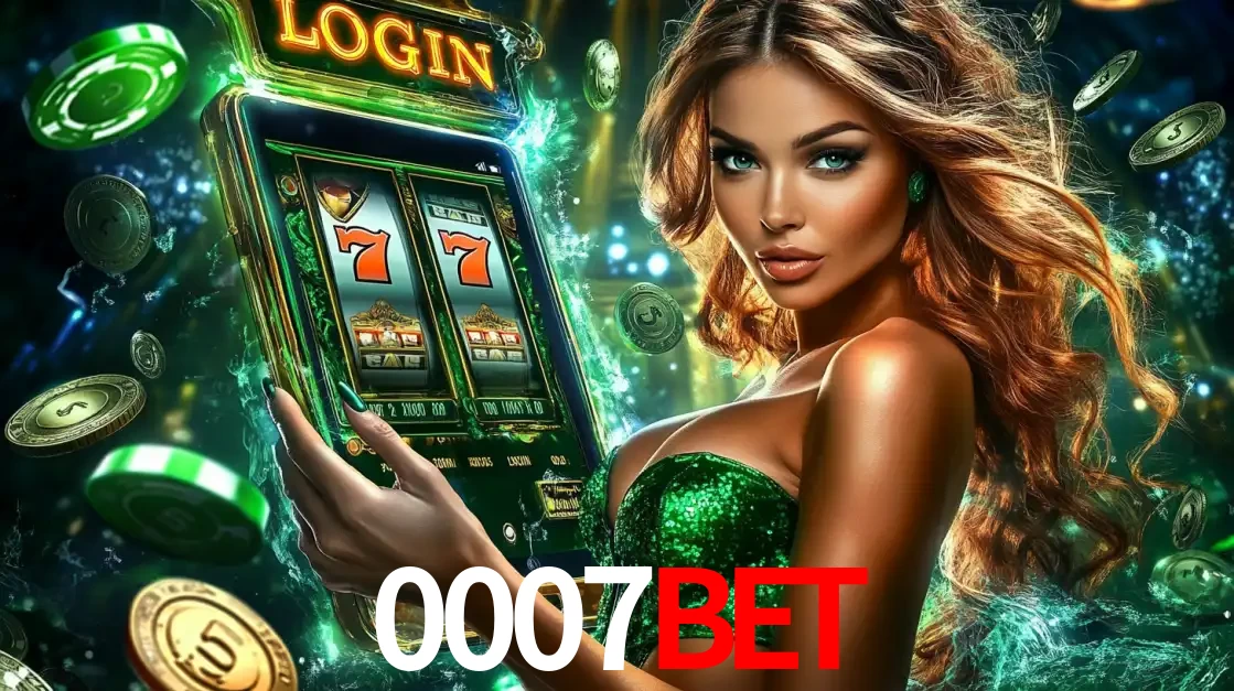 Mulher com tema verde apresentando o aplicativo do cassino 0007BET com um jogo de slot de 777, cercada por fichas de cassino e uma aura de sorte.